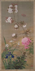 Pfingstrose, Iris, Kirschblüte und ein Schmetterling, 1828